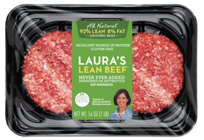 Lauras Beef Ground Beef Patties 92% Lean 8% Fat 4 Count - 16 Oz - Image 1
