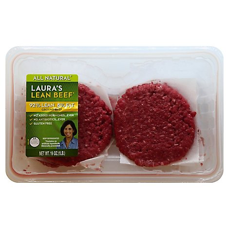 Lauras Beef Ground Beef Patties 92% Lean 8% Fat 4 Count - 16 Oz