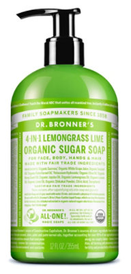 Dr. Bronners Organic Soap Pump Sugar 4 In 1 Lemongrass Lime - 12 Fl. Oz.