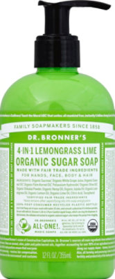 Dr. Bronners Organic Soap Pump Sugar 4 In 1 Lemongrass Lime - 12 Fl. Oz. - Image 1