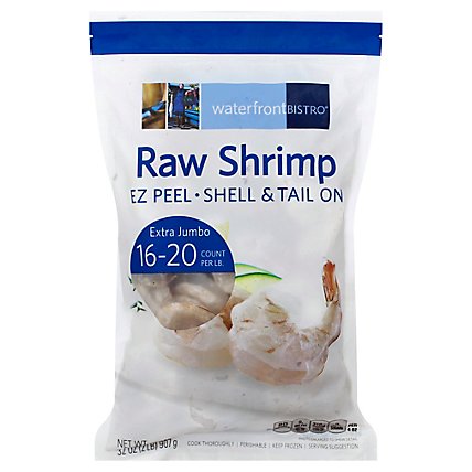 waterfront BISTRO Shrimp Raw Extra Jumbo Shell & Tail On Frozen 16-20 Count - 2 Lb