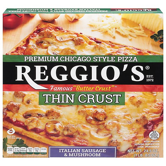 Reggios Pizza Thin Crust Sausage Mushroom Frozen - 24.5 Oz