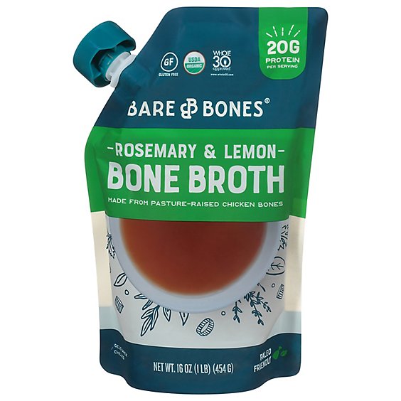 Bare Bones Bone Broth Organic From Pastur-Raised Chicken Bones Rosemary Lemon Pouch - 16 Oz