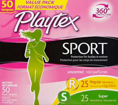 Playtex Sport Tampons Plastic Unscented Regular & Super Absorbency Multipack  - 50 Count - Shaw's