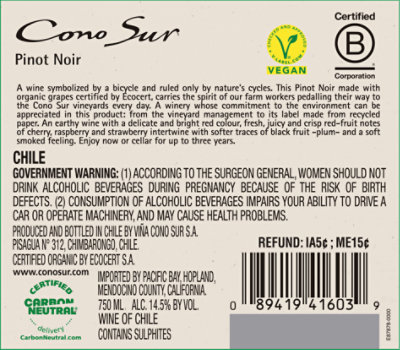 Cono Sur Wine Organic Pinot Noir - 750 Ml - Image 2