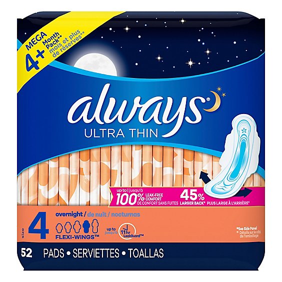 Always Ultra Thin Pads Size 4 Overnight Absorbency With Wings Unscented - 52 Count