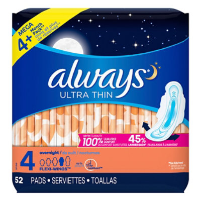 Always Infinity & Radiant FlexFoam Pads Size 4 Overnight With Wings 10 Pack