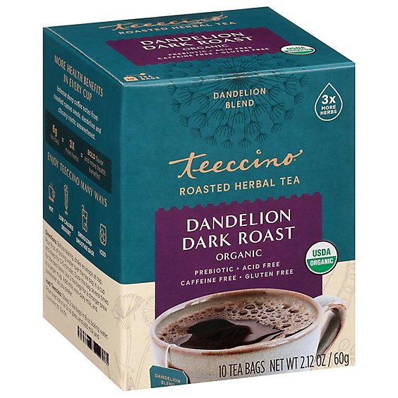 Teeccino Herbal Tea Chicory Organic Gluten Free Dandelion Dark Roast Box - 10 Count
