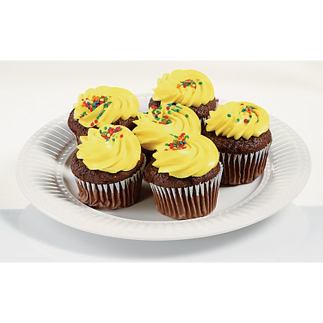 Bakery Cupcake Yellow & Chocolate Decorated Butter Cream Iced 6 Count