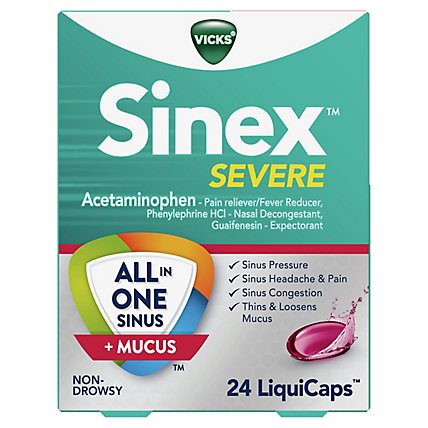 Vicks Sinex SEVERE All In One Sinus+Mucus Pain & Headache Relief Non Drowsy LiquiCaps - 24 Count - Image 1