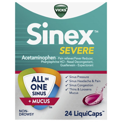 Vicks Sinex Severe Sinus Decongestant LiquiCaps Congestion Non Drowsy - 24 Count