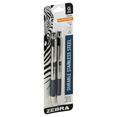 Zebra Pen, Durable Stainless Steel, 3 Series, Gel Retractable, Black Ink - 2 pen