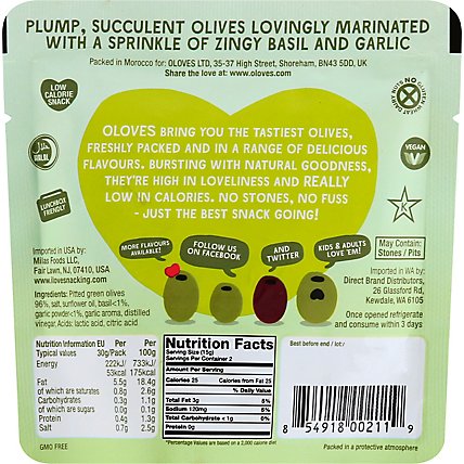 Oloves Olives Green Pitted with Basil & Garlic Tasty Mediterranean Pouch - 1.1 Oz - Image 6