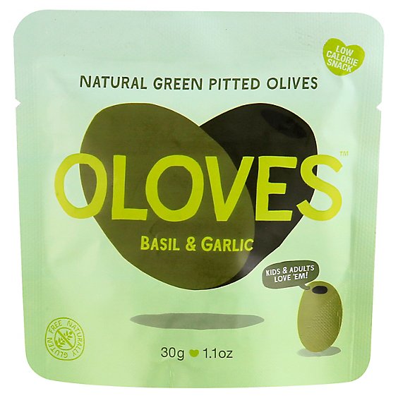 Oloves Olives Green Pitted with Basil & Garlic Tasty Mediterranean Pouch - 1.1 Oz