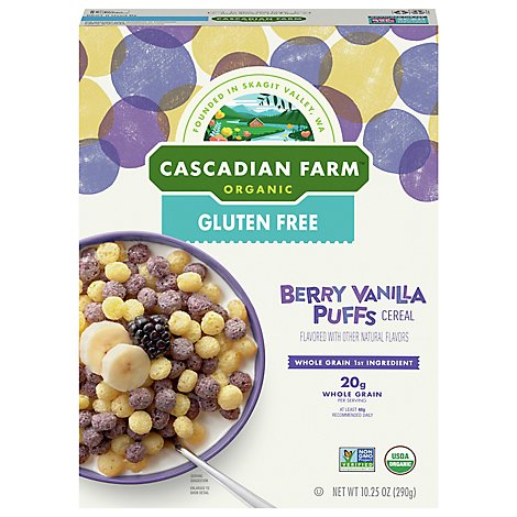 Cascadian Farm Organic Cereal Berry Vanilla Puffs Box - 10.25 Oz