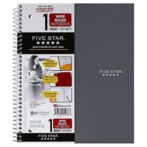 Five Star Notebook Wide Ruled 1 Subject 100 Sheets - Each