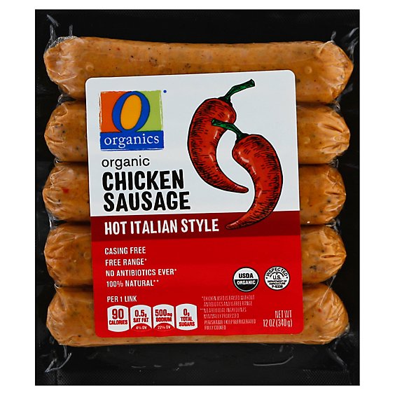 O Organics Organic Sausage Chicken Hot Italian Vacuum Packed - 12 Oz