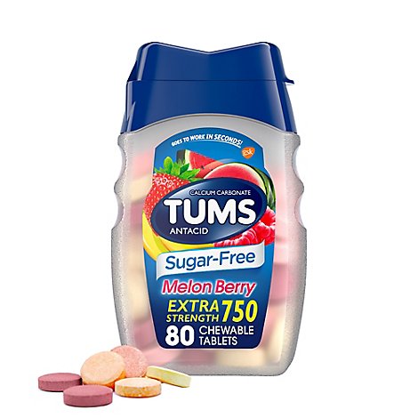 Tums Antacid Tablets Chewable Extra Strength 750 Sugar Free Melon Berry - 80 Count