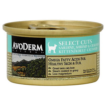 AvoDerm Natural Cat Food Kitten Adult Select Cuts Sardine Shrimp & Crab Meat Can - 3 Oz - Image 1