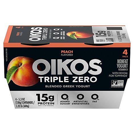 Oikos Triple Zero Greek Yogurt Blended Nonfat Peach Pack - 4-5.3 Oz