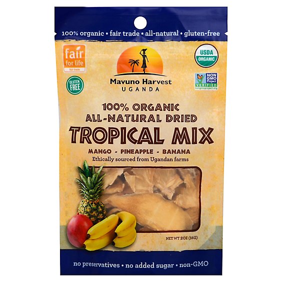 Mavuno Harvest Dried Fruit Tropical Mix Organic All Natural Mango Pineapple Banana Pouch - 2 Oz