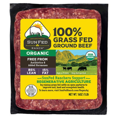 SunFed Ranch Beef Ground Beef 85% Lean 15% Fat Brick Grass Fed Organic ...