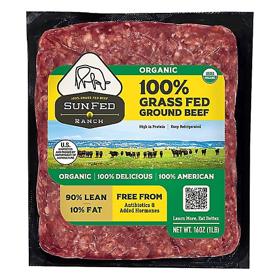 Meat Counter Beef Ground Beef 90% Lean 10% Fat Grass Fed Organic Brick - 16 Oz