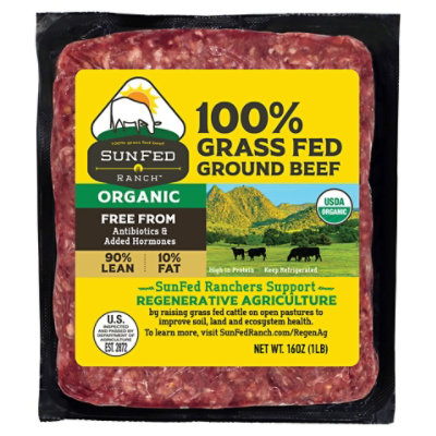 Meat Counter Beef Ground Beef 90% Lean 10% Fat Grass Fed Organic Brick - 16 Oz