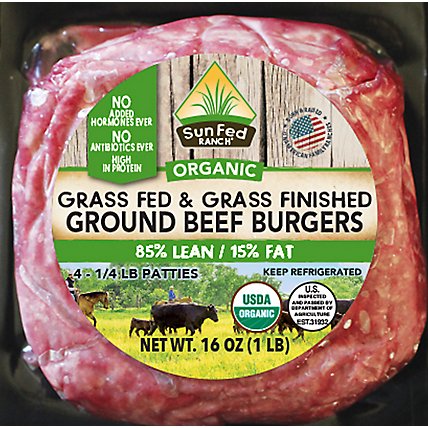 SunFed Ranch Beef Ground Beef Patties 85% Lean 15% Fat Grass Fed Organic - 16 Oz - Image 2
