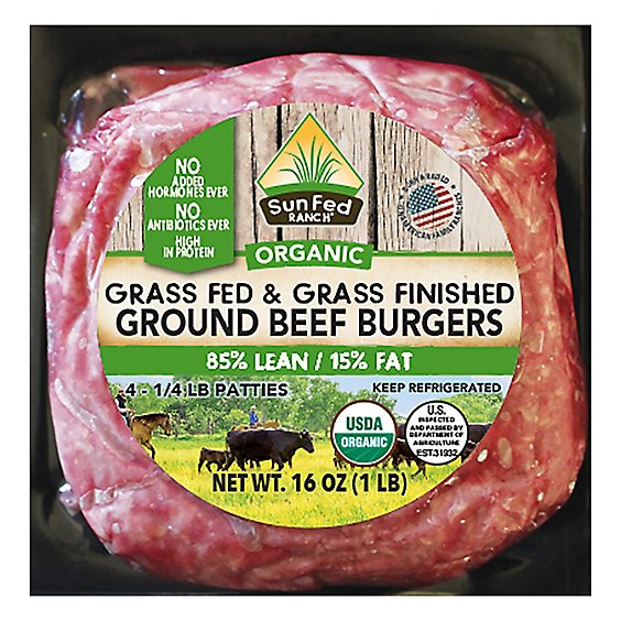 SunFed Ranch Beef Ground Beef Patties 85% Lean 15% Fat Grass Fed Organic - 16 Oz