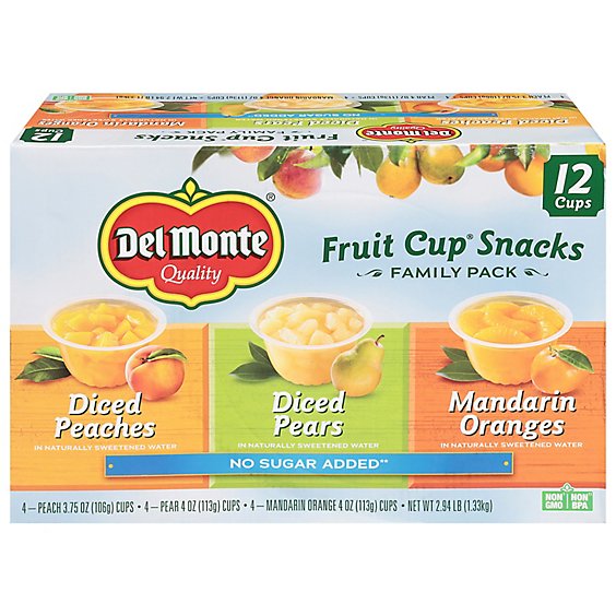 Del Monte Fruit Cup Snacks Diced Peaches Diced Pears Mandarin Oranges Family Pack - 12 Count