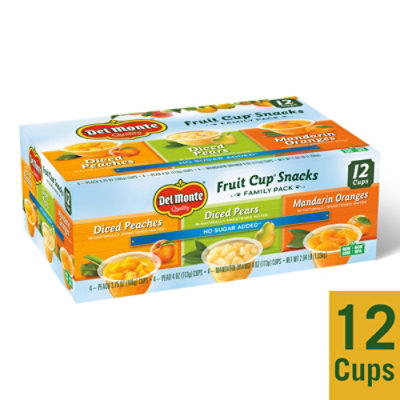 Del Monte Fruit Cup Snacks Diced Peaches Diced Pears Mandarin Oranges Family Pack - 12 Count