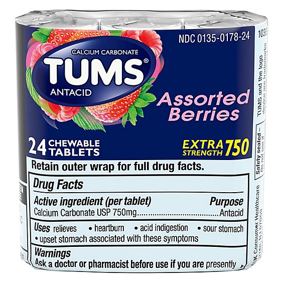 TUMS Antacid Tablets Chewable Extra Strength 750 Assorted Berries - 24 Count