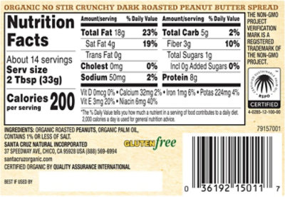 Santa Cruz Organic Peanut Butter Spread Dark Roasted No Stir Crunchy - 16 Oz - Image 6