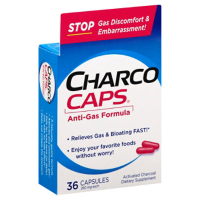 CharcoCaps Dietary Supplement Activated Charcoal Anti Gas Formula Capsules 260 mg - 36 Count