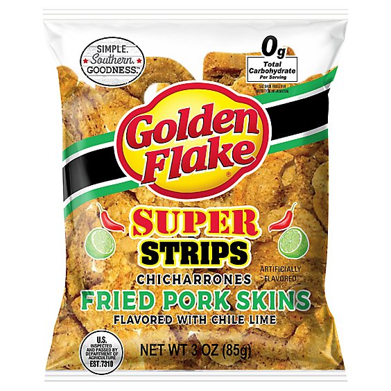 Golden Flake Chicharrones Super Strips Pork Cracklin Flavored With Chili Lime - 3.25 Oz
