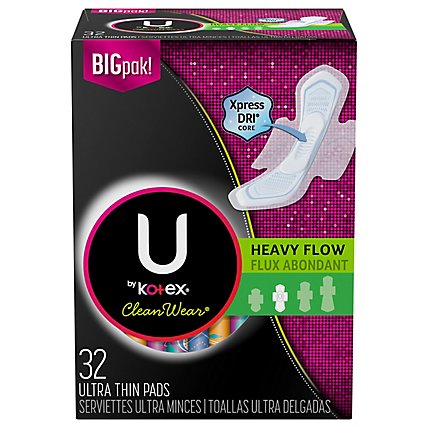 U by Kotex CleanWear Pads Ultra Thin with Wings Heavy Flow - 32 Count - Image 1
