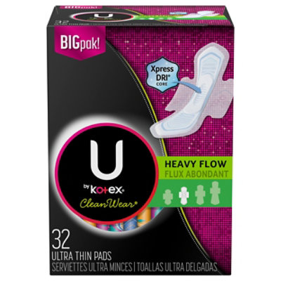 U by Kotex CleanWear Pads Ultra Thin with Wings Heavy Flow - 32 Count
