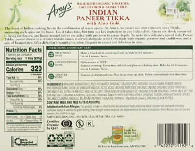 Amys Frozen Meal Gluten Free Indian Paneer Tikka With Aloo Gobi - 9 Oz - Image 6