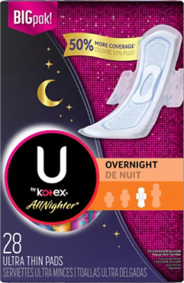  U by Kotex AllNighter Pads Ultra Thin With Wings Overnight - 28 Count 