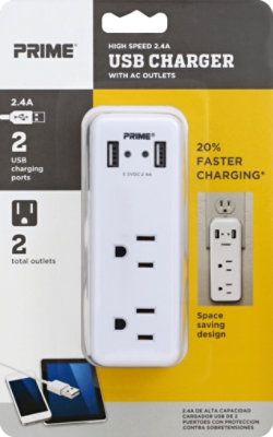 Prime Charger With AC Outlets 2 USB Port and 2 Outlet 2.4A - Each - Image 2