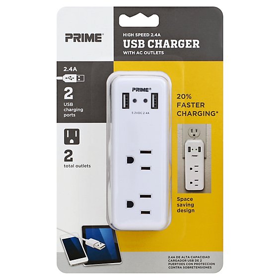 Prime Charger With AC Outlets 2 USB Port and 2 Outlet 2.4A - Each
