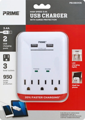 Prime Charger With Surge Protection 2 USB Port and 3 Outlet 3.4A - Each - Image 2