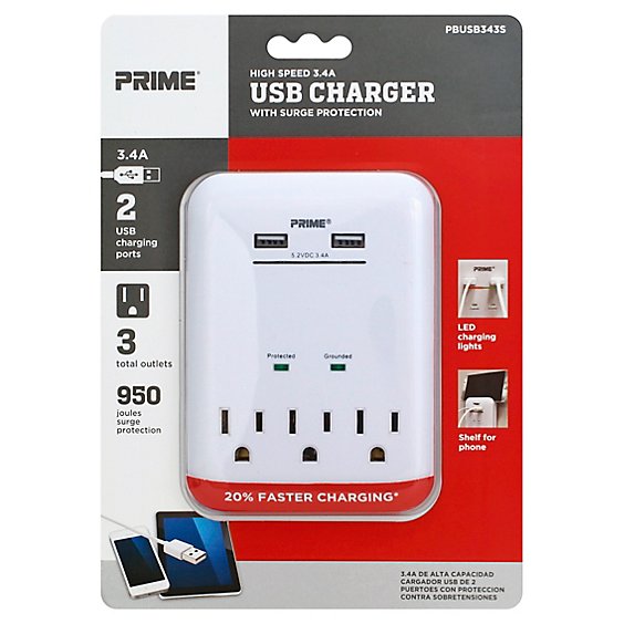 Prime Charger With Surge Protection 2 USB Port and 3 Outlet 3.4A - Each