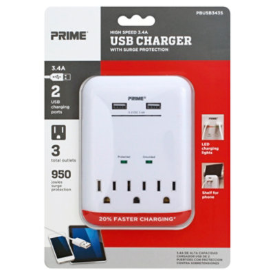 Prime Charger With Surge Protection 2 USB Port and 3 Outlet 3.4A - Each - Image 1