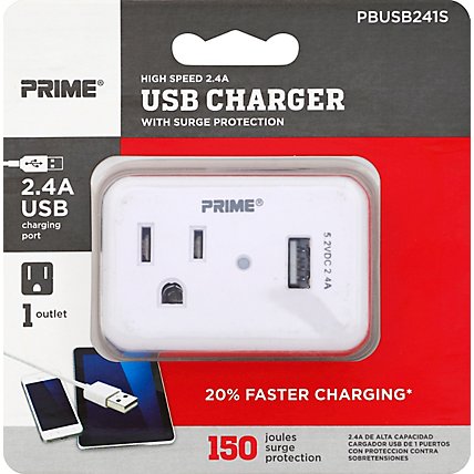 Prime Charger With Surge Protection 2 USB Port and 1 Outlet 2.4A - Each - Image 1