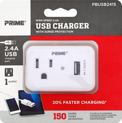 Prime Charger With Surge Protection 2 USB Port and 1 Outlet 2.4A - Each