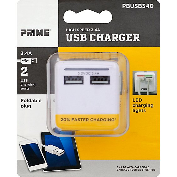 Prime Charger 2 USB Port Foldable Plug 3.4A - Each
