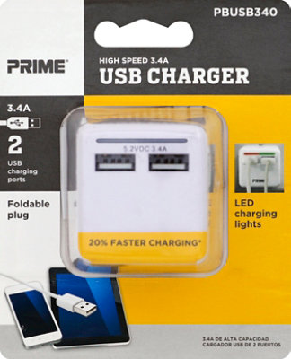 Prime Charger 2 USB Port Foldable Plug 3.4A - Each