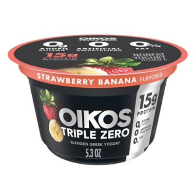 Oikos Triple Zero Strawberry Banana Nonfat Greek Yogurt - 5.3 Oz